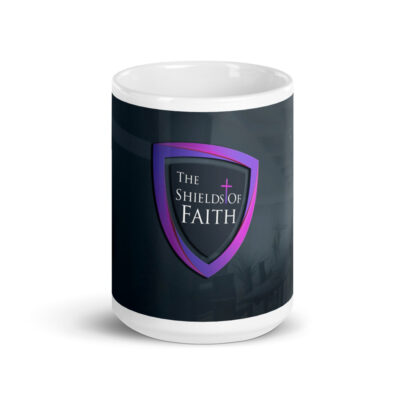 A White glossy shield of faith mug